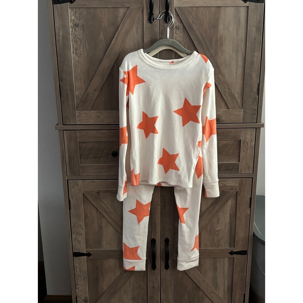 Cat & Jack Kids Orange Star Plush Fleece Pajama Set Size 8 Cream Two Piece Sleep